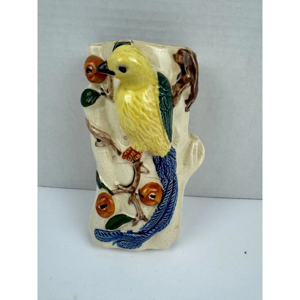Vintage Ceramic Bird Wall Pocket Vase Yellow Bird Tree Branch Mid Century FLAW